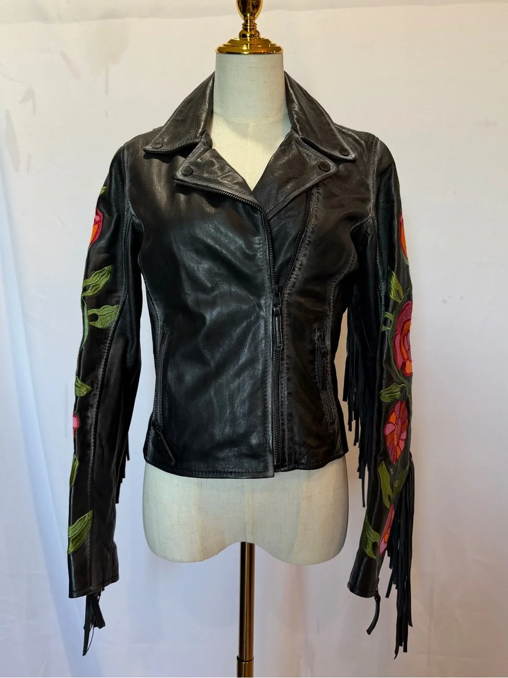 Free People x Mauritius Leather Jacket with Floral Embroidered and Fringe - Picture 1 of 7